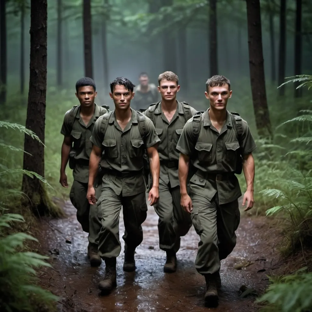 Prompt: Bird view of a team of 3 soldiers walking across the forest, in dark night near a camp site, drenched in sweat, visible sweat drops, gentle smiling dimples ( dark short messed up hair), deep-blue eyes, defined 8-pack abs, broad shoulders, defined calves, sharp jawline, defined cheekbones, camouflage pants.