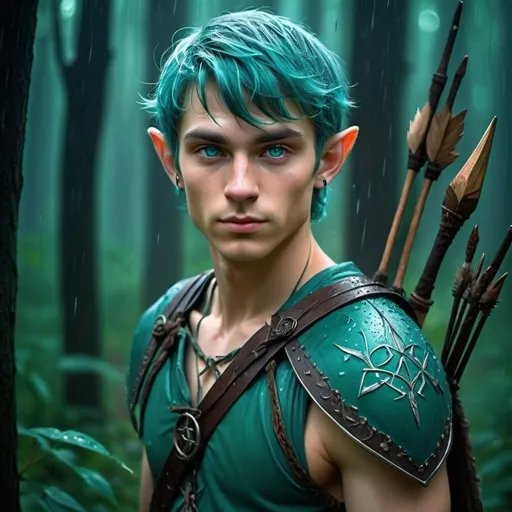 Prompt: a handsome 24 yrs old elves warrior, glowing eyes, holds a bow on his hand and carry quiver on shoulder, slavic runes carved on his chest.  Walk under the rain on a trail in a mysterious fireflies forest . light is dimmed (teal platinum short hair, colored pastel inner hair) leaves and flowers on hair. Masterpiece, realistic, hdr, wallpaper