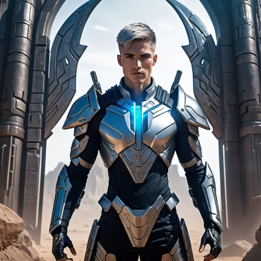 Prompt: In front of a giant gate of a Alien temple in futuristic setting, a 25 yrs old cyborg warriors standing guard, holding the magical spears on his hand vertically, he has broad shoulders, defined calves, sharp jawline, defined cheekbones, depth and detail in his hazel eyes, visible power core on his chest with strange ruins. There is the space in the background (silver platinum short hair, colored blue inner hair). (masterpiece, best quality:1.3), 8k, HDR, wallpaper, cinematic lighting.