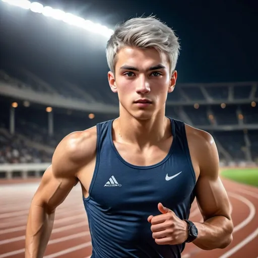 Prompt: a handsome 20 yrs old athlete is competing in running race in the stadium (dark platinum short hair, colored inner hair), visible sweat on forehead and body. Masterpiece, realistic, hdr, wallpaper