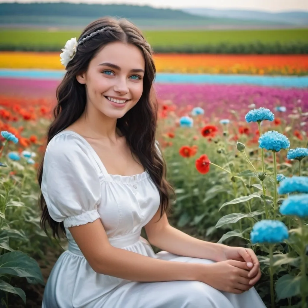 Prompt: Beautiful girl in white satin sitting on a various colored wide flower's fields, smiling with dimples (cyan highlights dark plaited hair), deep-blue eyes. Holding hand of a handsome farmer