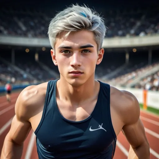 Prompt: a handsome 20 yrs old athlete is competing in running race in the stadium (dark platinum short hair, colored inner hair). Masterpiece, realistic, hdr, wallpaper