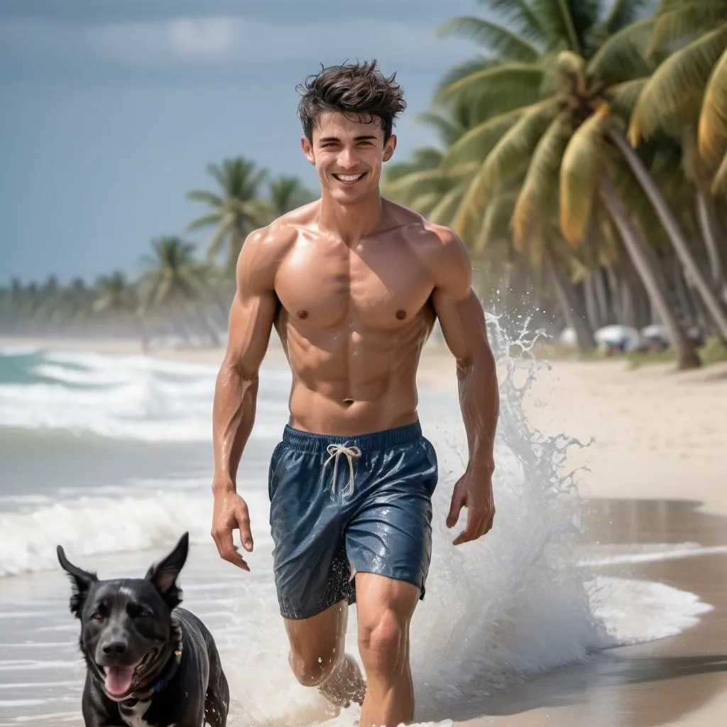 Prompt: A handsome young athlete chasing his dog edge of water on the beach, drenched in sweat, gentle smiling with dimple, bare-chest (deep blue highlights inner dark short hair, messed up hair under strong winds), hazel eyes, broad shoulders, defined calves, sharp jawline, defined cheekbones. Coconut trees on the background 