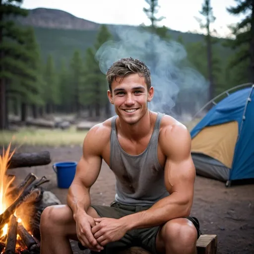 Prompt: handsome 27 yrs old ranger sitting in front of camp, boiling water on camp fire, drenched in sweat, smiling dimple, bare-chest, visible sweat drops, 6 pack abs (short deep-blue-highlights hair, messed up hair), hazel eyes, broad shoulders, defined calves, sharp jawline, defined cheekbones. trees, night time on the background 