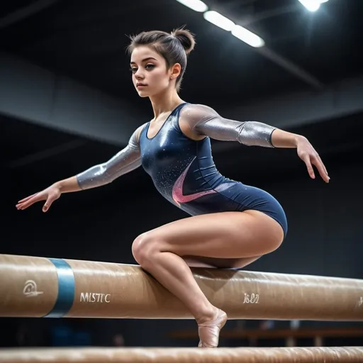 Prompt: a 20 yrs old female athlete performing balance beam in artistic gymnastics in the gymnasium (dark platinum short hair, colored inner hair), visible drops of sweat on forehead and body. Masterpiece, realistic, hdr, wallpaper