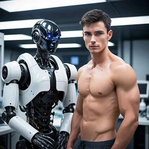 Prompt: 27 yrs old handsome engineer fixing on a robot in a high-tech lab, drench in sweat, visible sweat drops, with dimples (highlights dark short hair, messed up hair), deep-blue eyes, broad shoulders, defined calves, sharp jawline, defined cheekbones, 8 pack abs. midnight, futuristic spacecraft 
