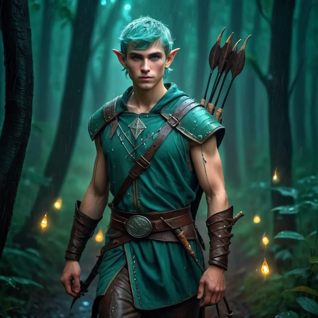 Prompt: a handsome 24 yrs old elves warrior, glowing eyes, holds a bow on his hand and carry quiver on shoulder, slavic runes carved on his chest.  Walk under the rain on a trail in a mysterious fireflies forest . light is dimmed (teal platinum short hair, ember inner hair) leaves and flowers on hair. Masterpiece, realistic, hdr, wallpaper