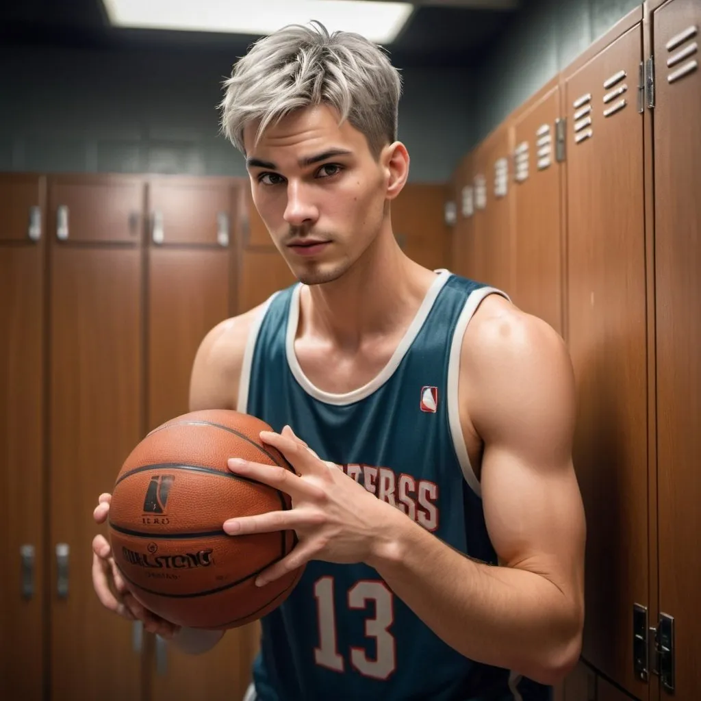 Prompt: a handsome  basketball player spin a ball over his finger in a locker room, right chestring, left earring. Visible sweat on his forehead, chest, arms. The light is weak, dimmed bulbs (dark platinum short hair, colored inner hair). Masterpiece, realistic, hdr, wallpaper.