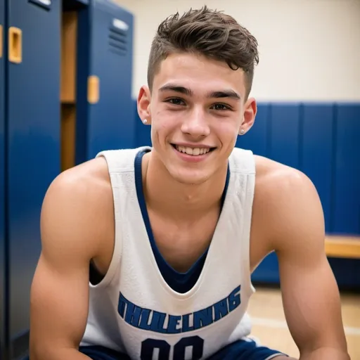 Prompt: a handsome 20 yrs old basketball player drenched in sweat, showing his bare-chest sitting on bench in locker room, smiling and receiving a towel , visible drops of sweat on body(Deep blue short hair, messed up highlights hair) earings,  broad shoulders, defined calves, sharp jawline, defined cheekbones.