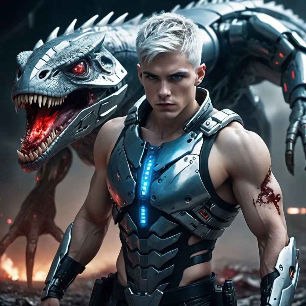 Prompt: in futuristic war setting panoramic view, a cyborg warrior captured by a lizard monster claws, his chest ripped opened showing inside circuitry and blood bleeding from the wounds, visible sweat on his face and body. A collapsed huge spaceship fires in the background. The lighting is soft and diffused, creating a somber and mystical atmosphere. he has broad shoulders, defined calves, sharp jawline, defined cheekbones, depth and detail in his hazel eyes,(silver platinum short hair, colored blue inner hair). (masterpiece, best quality:1.3), 8k, HDR, wallpaper, cinematic lighting.