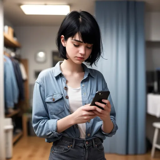 Prompt: 1girl, black hair, blurry, blurry background, buttons, cellphone, denim, holding, holding phone, indoors, jeans, pants, phone, photo \(medium\), realistic, shirt, short hair, smartphone, solo, standing