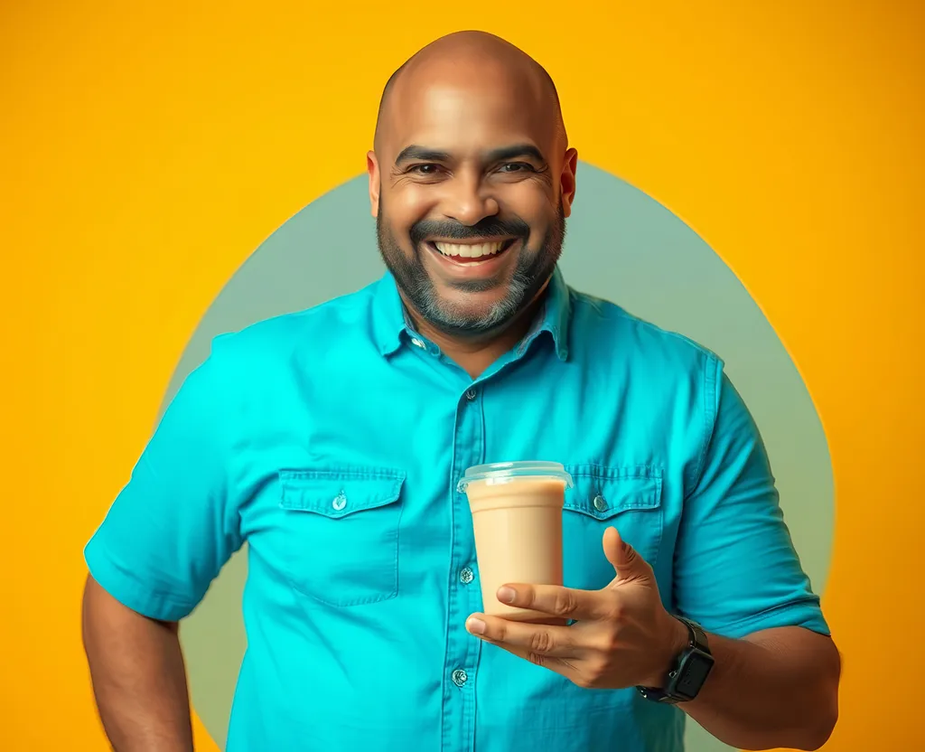 Prompt: Promotional photo of a happy man showing something