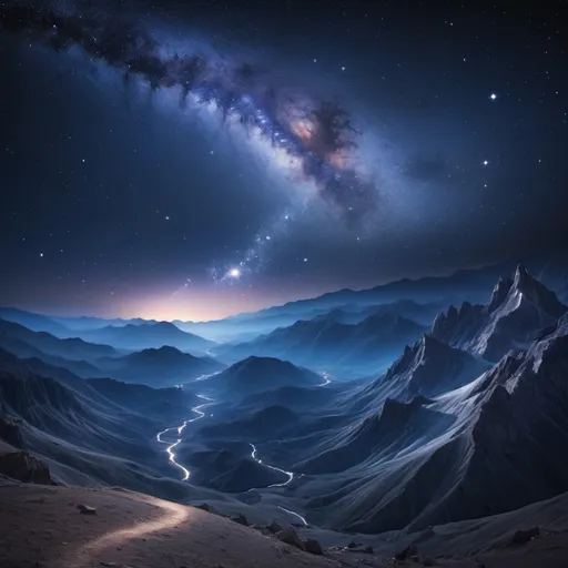 Prompt: (starry night sky, breathtaking Milky Way, shimmering stars, deep indigo hues, galactic swirl, soft glowing light, cosmic wonder, tranquil atmosphere, ultra-detailed, high resolution, mesmerizing celestial scene, ethereal beauty, backdrop of rugged mountains, peaceful landscape, cool tones, mystical ambiance)