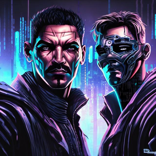 Prompt: dibuja a dos amigos en estilo cyberpunk. uno de ellos debe tener un rostro similar a ricardo fort. 