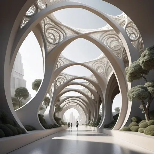 Prompt: art and architecture, ceramic, porcelain sci-fi futuristic city and architecture, biophilic, arches, bridges, elegant lace haute couture stone trees, minimalist.