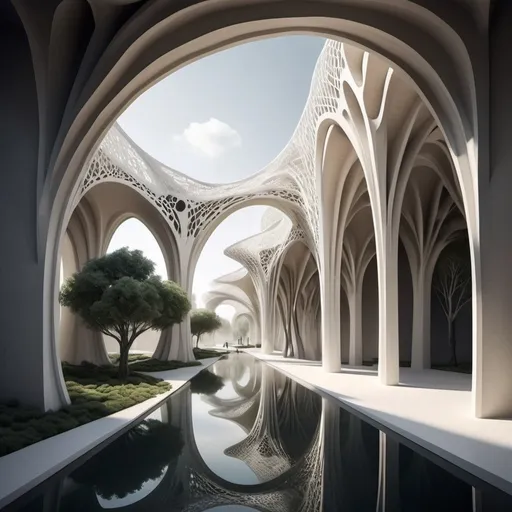 Prompt: art and architecture, ceramic, porcelain sci-fi futuristic city and architecture, biophilic, arches, bridges, elegant lace haute couture stone trees, minimalist.