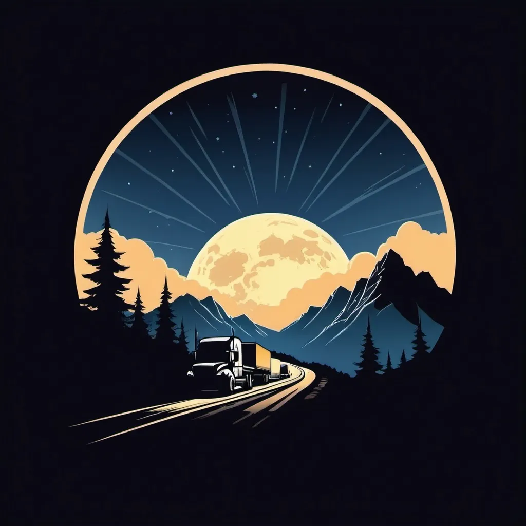 Prompt: Midnight Trucker: comic book Graphiti logo. silhouetted moon rise in the mountains 