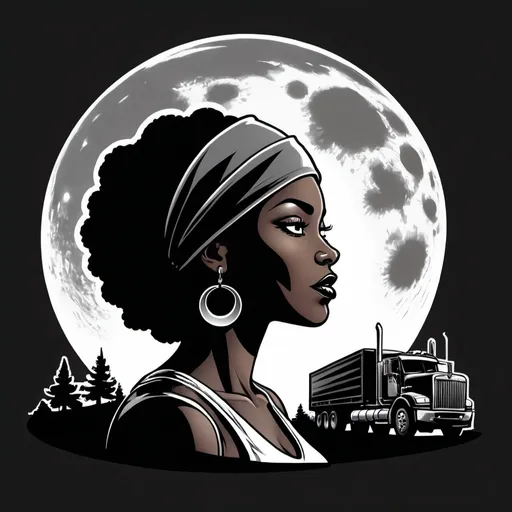 Prompt: "Midnight Trucker" comic book Graphiti logo. silhouetted moon rise for a  black ebony queen woman