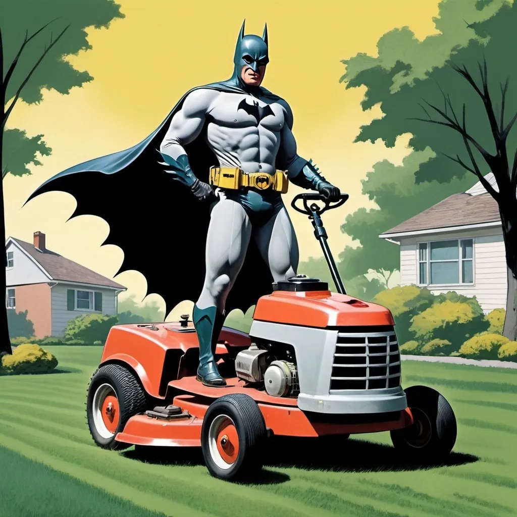 Prompt: 50s batman style heroic man with lawn mower, the man is a contractor though, and the art has to be more comic book style