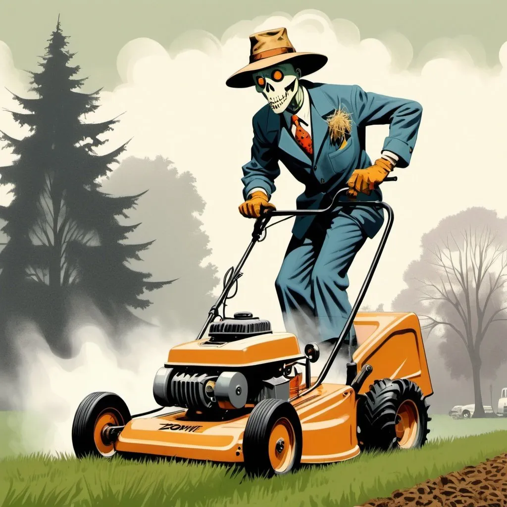 Prompt: 50s comic book art style, lengthy, dressed like a scarecrow, but most definitely a man with a engineer hat, using a lawn mower on a long foggy slopping yard, i need a pow or a zowie 