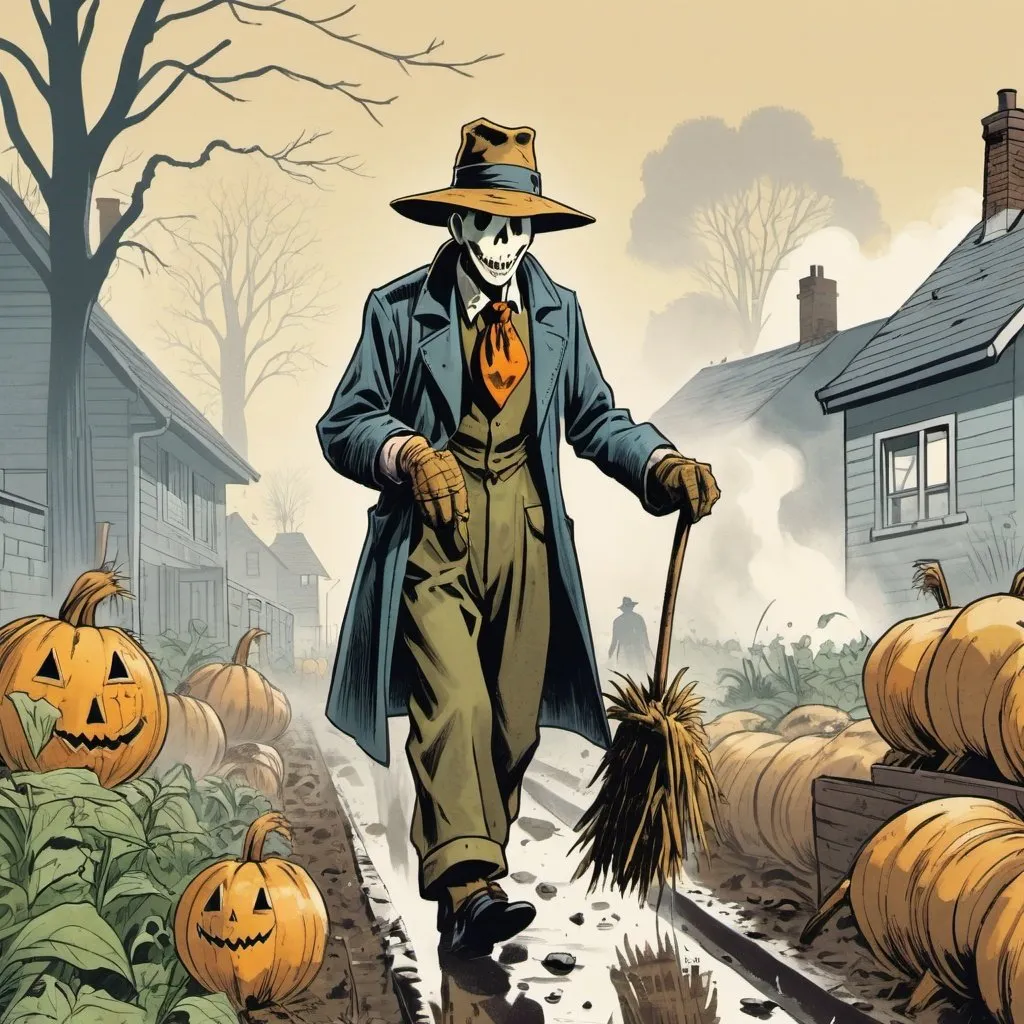 Prompt: 50s comic book style, lengthy, dressed like a scarecrow like, but most definitely  man with a engineer hat, using a thatcher on a long foggy slopping yard