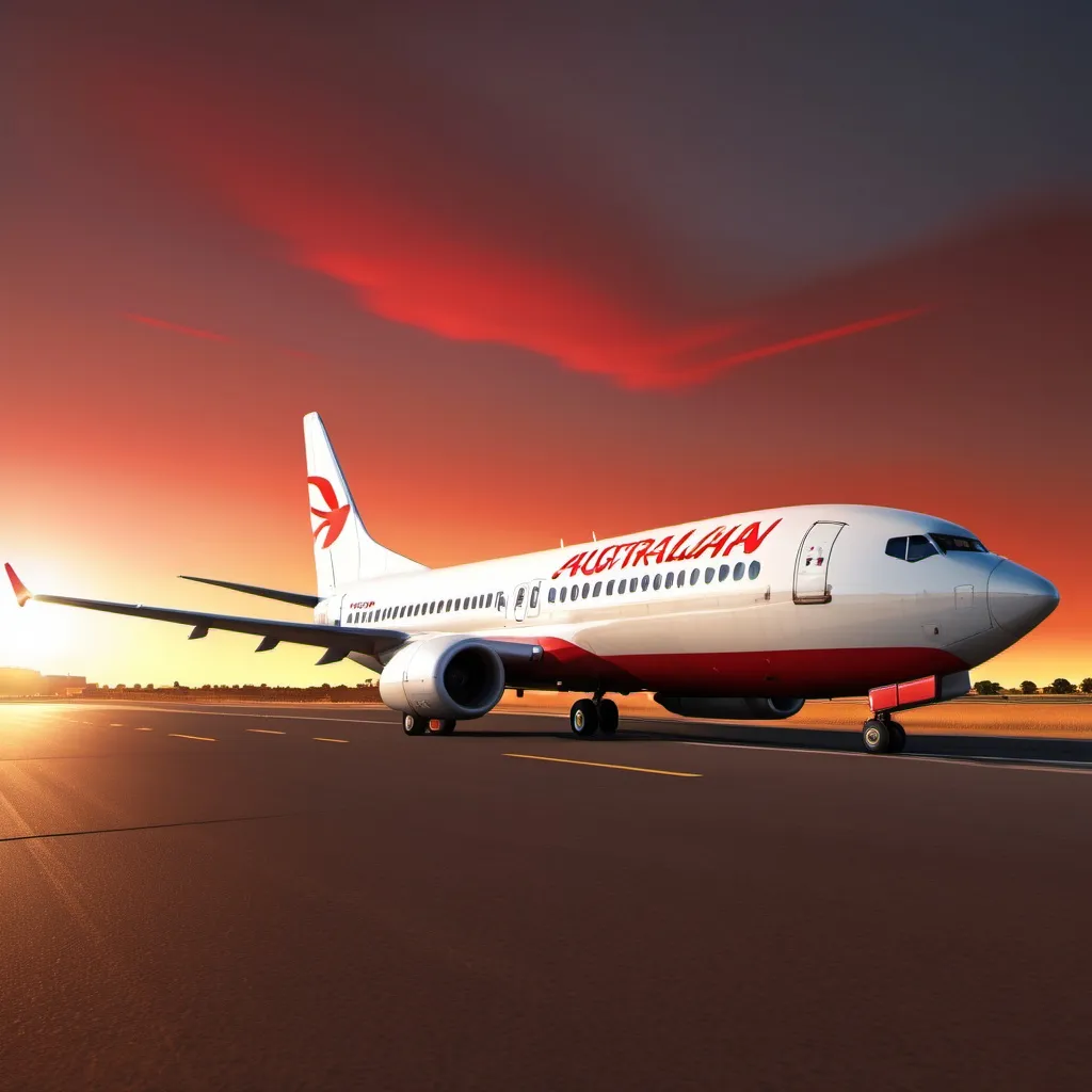 Prompt: a large white and red 737 on a runway at dusk time, with the sun shining on the ground, Ei-Q, australian tonalism, turnaround, a digital rendering