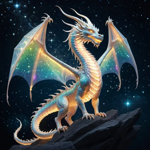 Prompt: Translucent Light Dragon formed of radiant crystals, flying behind a background of stars, and constellations, luminous light, Eastern dragon, full body, ethereal grace, prismatic hues, dynamic poses, mystical atmosphere, high res, detailed, realistic, majestic, luminous, ethereal, mystical, vibrant, dynamic, otherworldly, intricate, iridescent, celestial, glowing, magical, radiant, shimmering, grand