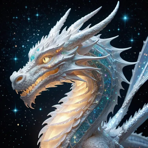 Prompt: Translucent Light Dragon formed of radiant crystals, flying behind a background of stars, and constellations, luminous light, Eastern dragon, ethereal grace, prismatic hues, dynamic poses, mystical atmosphere, high res, detailed, realistic, majestic, luminous, ethereal, mystical, vibrant, dynamic, otherworldly, intricate, iridescent, celestial, glowing, magical, radiant, shimmering, grand, atmospheric lighting