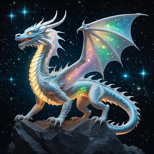 Prompt: Translucent Light Dragon formed of radiant crystals, flying behind a background of stars, and constellations, luminous light, Eastern dragon, full body, ethereal grace, prismatic hues, dynamic poses, mystical atmosphere, high res, detailed, realistic, majestic, luminous, ethereal, mystical, vibrant, dynamic, otherworldly, intricate, iridescent, celestial, glowing, magical, radiant, shimmering, grand, flying