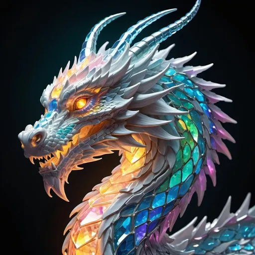 Prompt: Create a depiction of a 'Light Dragon' formed of radiant crystals and luminous light, blending Eastern dragon elements with ethereal grace. Emphasize prismatic hues, dynamic poses, and mystical atmospheres. high res, detailed, 
