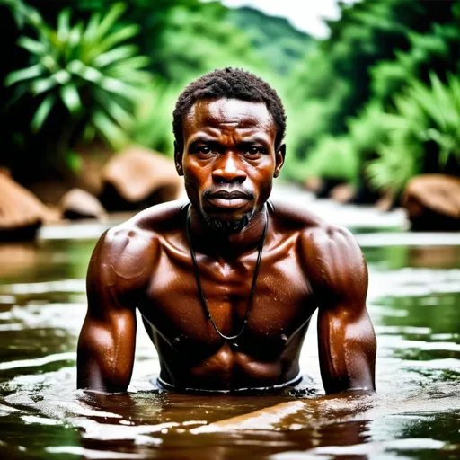 Prompt: Strong African man in a river