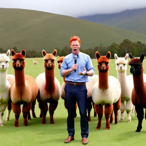 Prompt: A red-headed weatherman giving a history lesson to a pack of alpacas