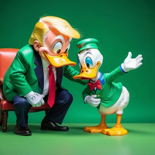 Prompt: Donald Duck behind Donald Trump bent over an image of a model on a green background, a color that is not used in creating the model itself
