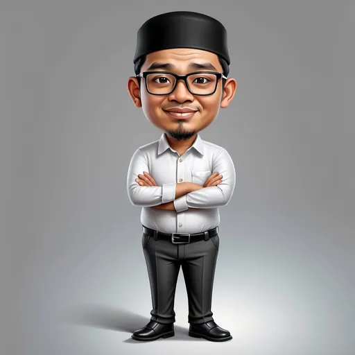 Prompt: anis realistic 4d caricature of indonesian man aged 35 years old, slightly fat body, wearing glasses, wearing plain shirt white coicer, wearing muslim cap black color, formal trousers Joafers, standing with arms crossed, grey gradient background