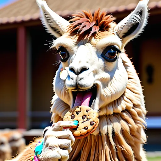 Prompt: llama eating cookie