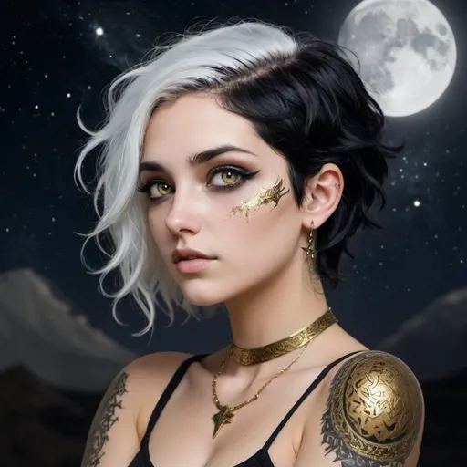 Prompt: goddess, daughter of Nyx, with short black and white hair, golden eyes. Her arms have the night sky as a tatto that stops at the elbow. With piercings on her face.
