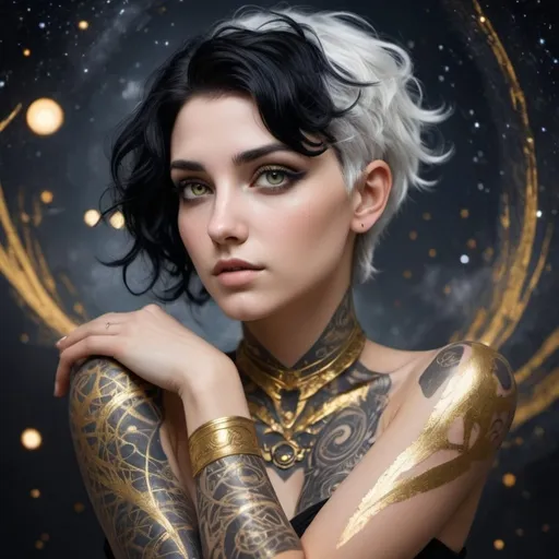 Prompt: goddess, daughter of Nyx, with short black and white hair, golden eyes. Her arms have galaxies tattos that stops at the elbow