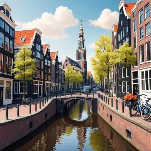 Prompt: Can you create a cartoonized image of Amsterdam, netherland with a flag somewhere in the picture