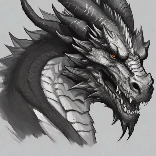 Prompt: Concept design of a muscular dragon. The dragon have a large head and thick neck, four horns. Dragon head portrait. Side view. The dragon is a predominantly sly black color with darker colored streaks and details present.