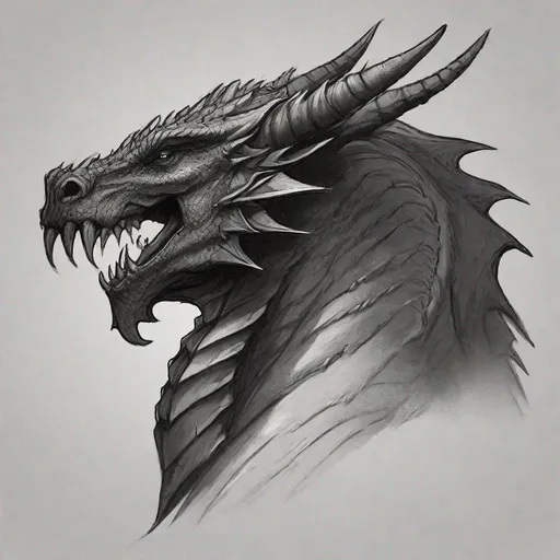 Prompt: Concept design of a muscular dragon. The dragon have a large head and thick neck, four horns. Dragon head portrait. Side view. The dragon is a predominantly sly black color with darker colored streaks and details present.