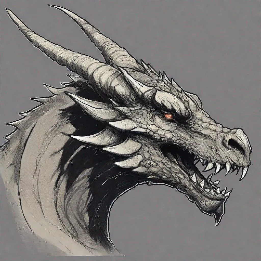 Prompt: Concept design of a muscular dragon. The dragon have a large head and thick neck, four horns. Dragon head portrait. Side view. The dragon is a predominantly sly black color with darker colored streaks and details present.