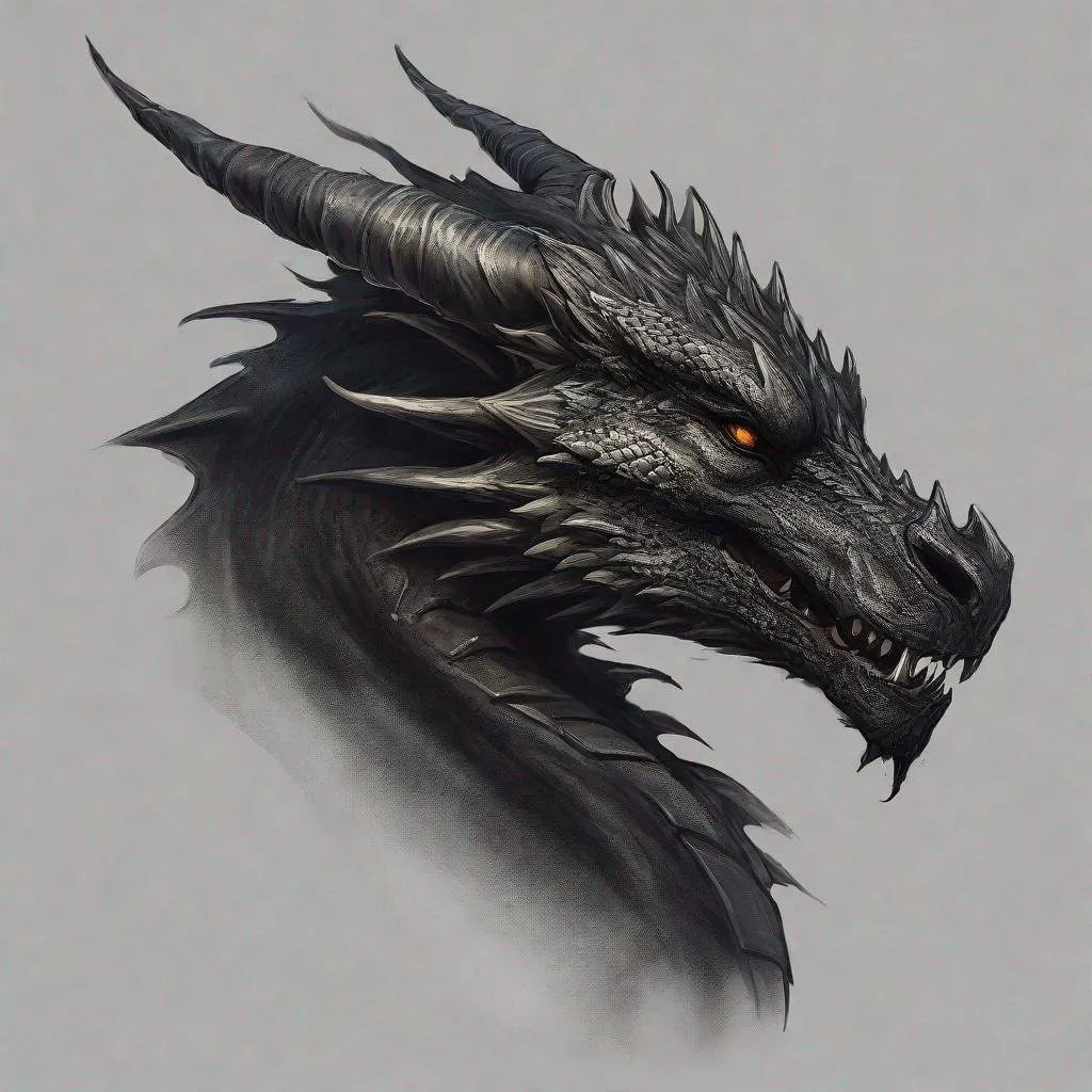 Prompt: Concept design of a dragon. Dragon head portrait. Side view. The dragon is a predominantly sly black color with darker colored streaks and details present.