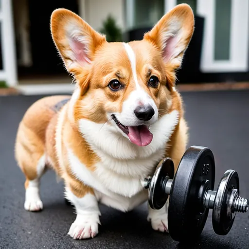 Prompt: corgi lifting dumbells out side