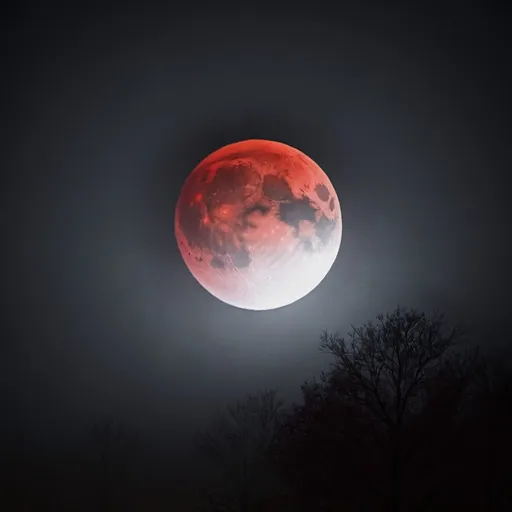 Prompt: A red moon that on a foggy night and black sky 