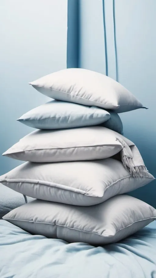 Prompt: only piles of pillows, blue tone limbo background, cozy vibe, minimalism