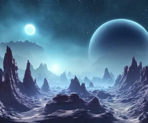 Prompt: on a alien planet that has a cool landscape with 2 moon that are blue in the sky and a cool galaxy in the sky