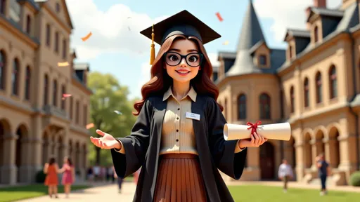 Prompt: 3D cartoon female office worker 6df24f4c with long brown hair, large black glasses, beige sweater, brown pleated skirt, name tag wearing a classic graduation gown and cap with tassel, proudly holding a rolled diploma tied with a ribbon, standing on a scenic university campus with historic buildings or modern architecture in the background, bright and cheerful atmosphere with golden sunlight, wide genuine smile, confetti or graduation caps flying in the air, friends and family celebrating in the distance, well-manicured lawn or stone pathways, festive mood, emotional and triumphant moment captured mid-celebration, sense of achievement and new beginnings.