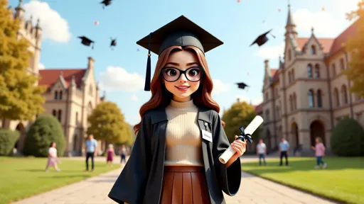 Prompt: 3D cartoon female office worker 6df24f4c with long brown hair, large black glasses, beige sweater, brown pleated skirt, name tag wearing a classic graduation gown and cap with tassel, proudly holding a rolled diploma tied with a ribbon, standing on a scenic university campus with historic buildings or modern architecture in the background, bright and cheerful atmosphere with golden sunlight, wide genuine smile, confetti or graduation caps flying in the air, friends and family celebrating in the distance, well-manicured lawn or stone pathways, festive mood, emotional and triumphant moment captured mid-celebration, sense of achievement and new beginnings.