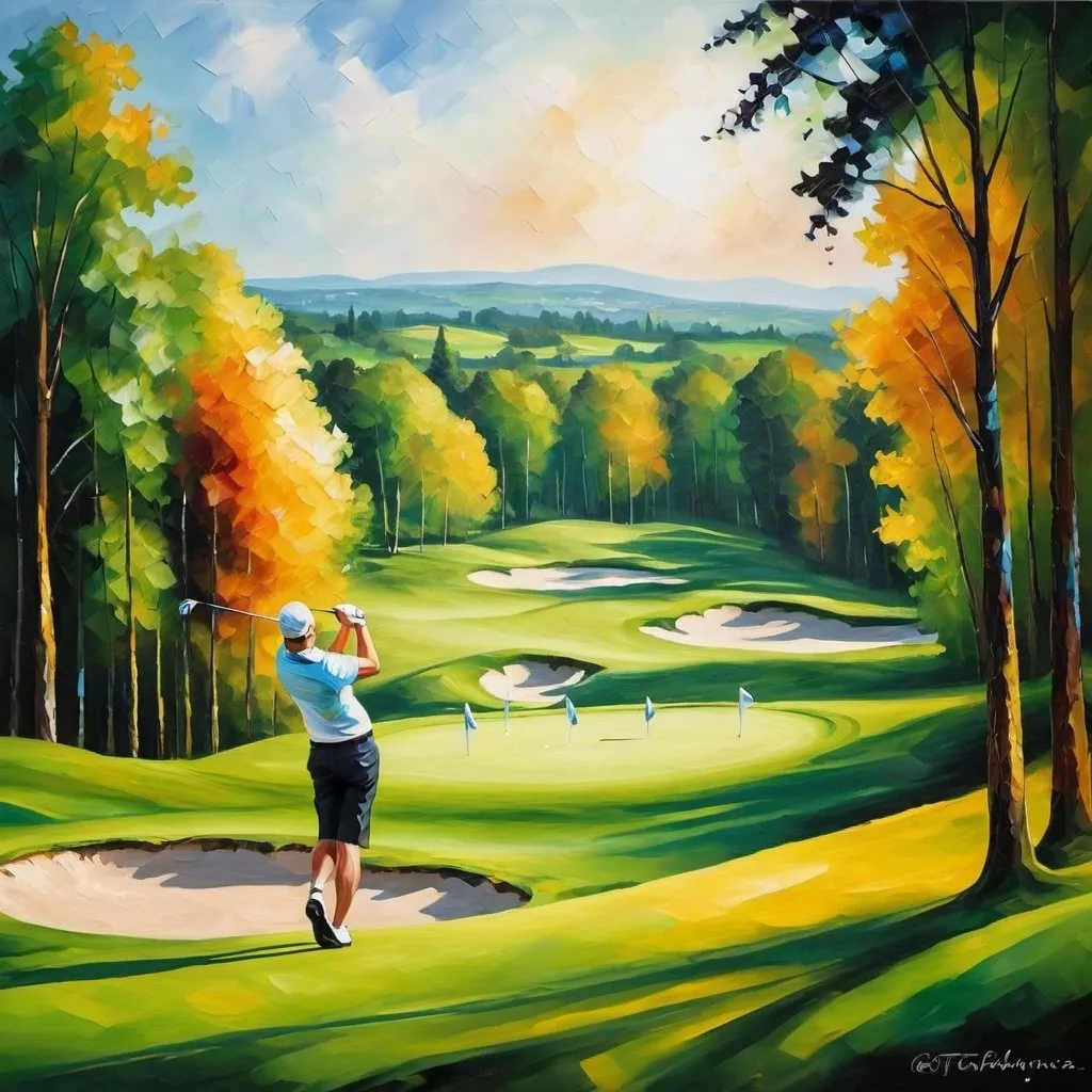 Prompt: A bucolic Golf scene with a golfer on the greeen playing, made in oleo technique with some Afremov influence