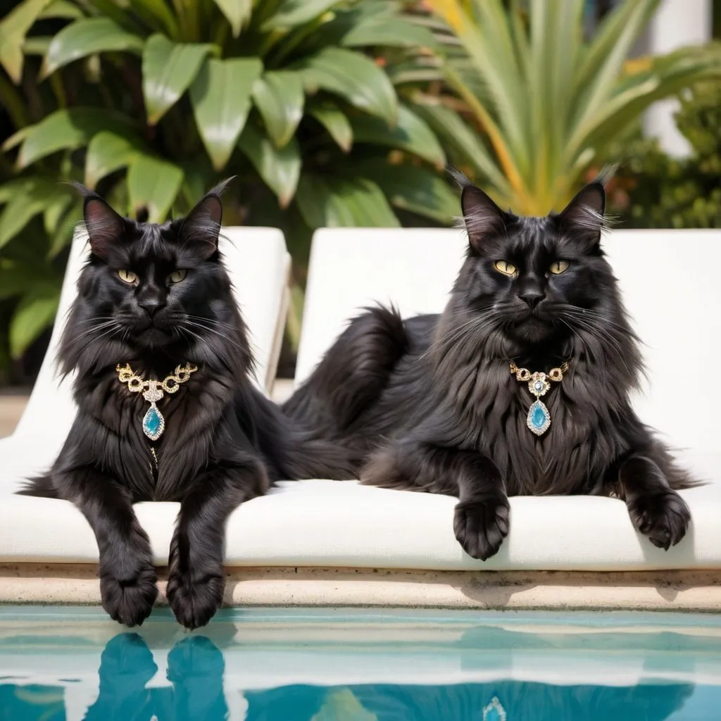 Prompt: Two black Maine coons wearing jewelry lounging by the pool in Beverly hills 